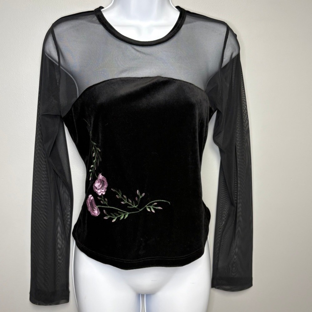 VTG 90s Y2K Whimsigoth Gothic Fairy Velvet Mesh Floral Embroidered Top Sz M